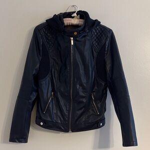 Ci Sono Navy Blue Faux Leather Jacket with Faux Fur Lining and Removable Hood